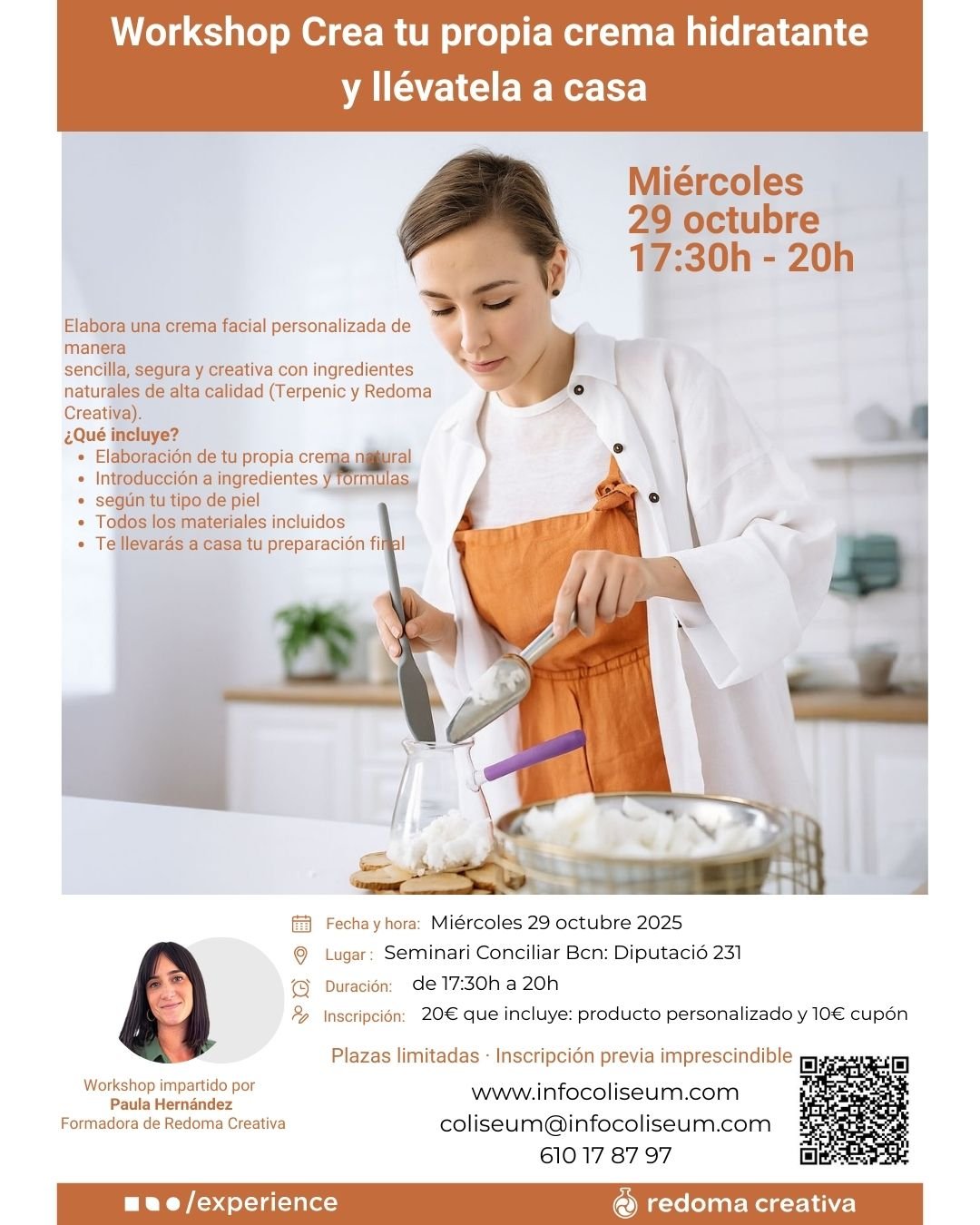 Workshop: hidratación todo el día, crea tu propia crema facial natural. Paula Hernández. Redoma Creativa. Terpenic